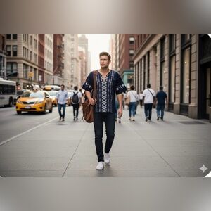 Men's Mexican Traditional Guayabera Henley Neck ¾ Sleeves shirt, Size Small